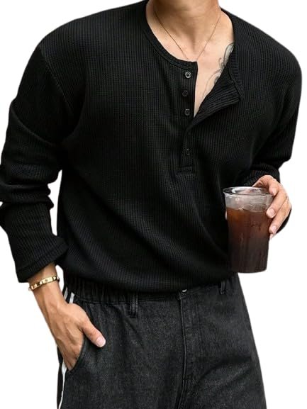 Trillion Men’s Textured Fabric Solid Color Basic Half-Open Collar T-Shirt, Fall Long Sleeve Men Shirt | Tshirt for Men