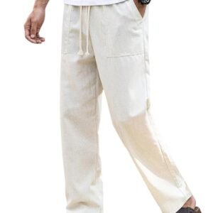 Linen Pant for man | Loose Fit Trouser for Men | Elastic Waist with Drawstring | Perfect for Casual Wear | Lightweight Breathable Fabric | Straight Fit & Side Pocket