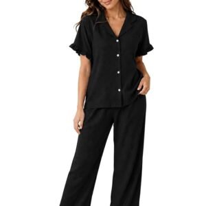 Leriya Fashion Co Ord Set for Women Stylish || Fashionable and Elegant Solid Ruffle Trim Top & Pant Pajama Set || Pure Cotton Night Suit for Women || Notch Collar Soft Sleepwear with Shorts Pyjamas