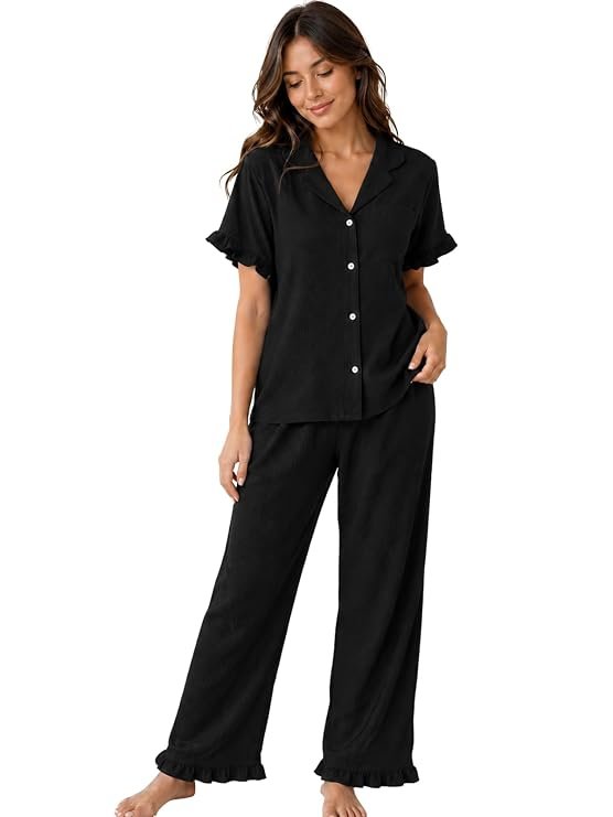 Leriya Fashion Co Ord Set for Women Stylish || Fashionable and Elegant Solid Ruffle Trim Top & Pant Pajama Set || Pure Cotton Night Suit for Women || Notch Collar Soft Sleepwear with Shorts Pyjamas