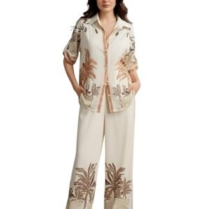 NAINVISH Women's Rayon Co-Ord Set | Printed Shirt and Pant Set for Women | Casual Two Piece Lounge Outfit | Western Outfit