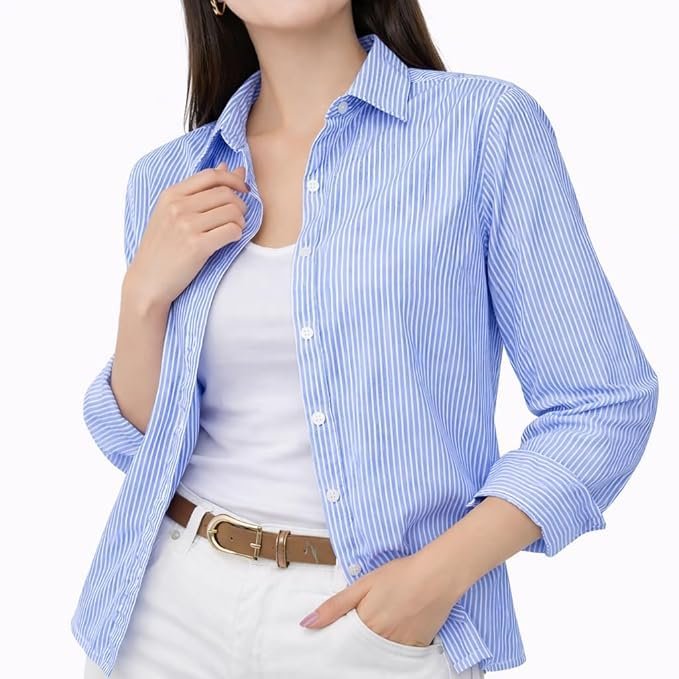 Women’s Cotton Striped Shirt | Casual Button Down Shirts for Women | Full Sleeve Stylish Office Wear Top | Regular Fit Color