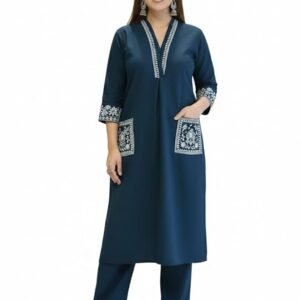 SHEINZY Women’s Embroidered Kurta Set with Pants | 3/4 Sleeve V-Neck Kurti with Floral Thread Work | Ethnic Indian Wear for Casual & Festive Occasions | Comfortable Co-ord