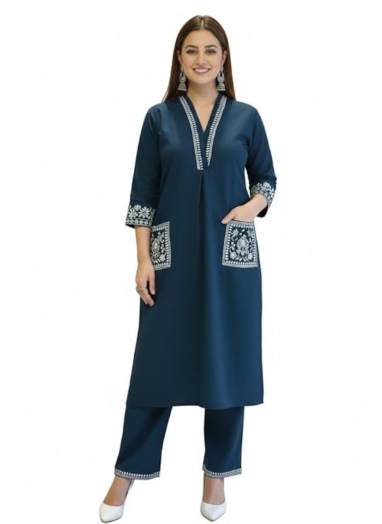 SHEINZY Women’s Embroidered Kurta Set with Pants | 3/4 Sleeve V-Neck Kurti with Floral Thread Work | Ethnic Indian Wear for Casual & Festive Occasions | Comfortable Co-ord