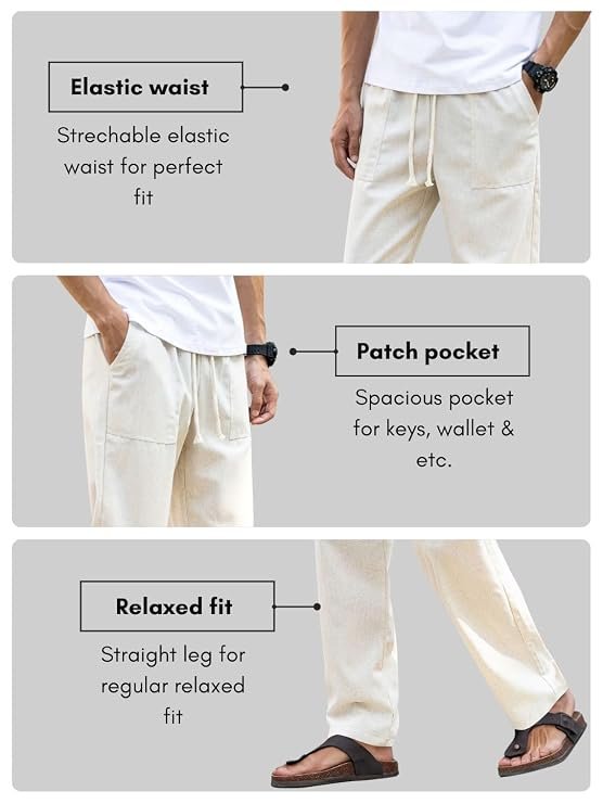 Linen Pant for man | Loose Fit Trouser for Men | Elastic Waist with Drawstring | Perfect for Casual Wear | Lightweight Breathable Fabric | Straight Fit & Side Pocket - Image 3