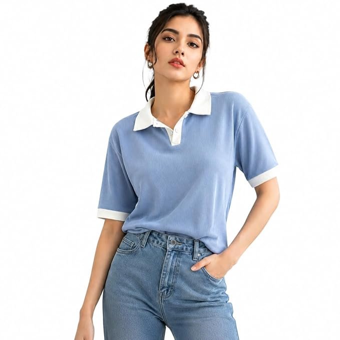 BLACK BUDDY Women’s Ribbed Polo T-Shirt, Short Sleeve, Contrast Collar and Cuffs, Casual Woman Top