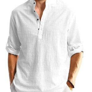 Men's Cotton Blend Straight Kurta Shirt with Mandarin Collar - Slim Fit Casual Short Kurti Featuring Textured Slub Fabric and Roll-Up Full Sleeves